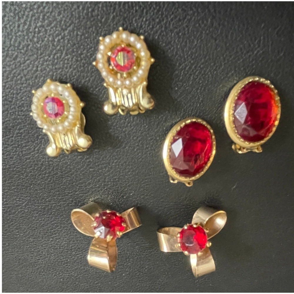 Vintage Rhinestone Earrings Clip Ons Gold Tone Red Bow Set of 3